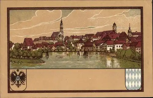Passepartout Wappen Litho, Donauwörth in Schwaben, Panorama vom Ort