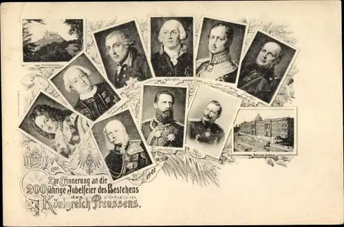 Ak Königreich Preußen, 200. Jubiläum 1901, Kaiser Wilhelm II., Berliner Schloss, Burg Hohenzollern