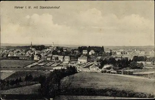 Ak Halver im Märkischen Kreis, Bahnhof, Dampflok, Wasserturm, Panorama vom Ort