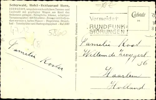 Ak Iserlohn im Märkischen Kreis, Seilerwald, Hotel Restaurant Horn, Wasserpartie, Veranda