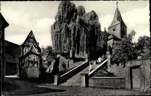 Ak Bad Orb in Hessen, Kath. Kirche und kleinstes Haus, Ortspartie