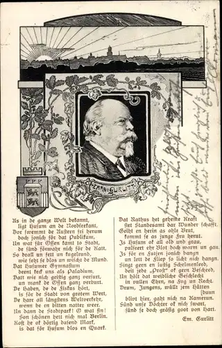 Ak Husum in Nordfriesland, Bürgermeister Emanuel Gurlitt, Portrait, Gedicht, Wappen