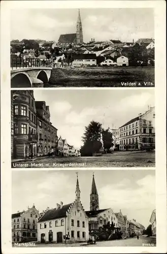 Ak Velden a. Vils in Niederbayern, Panorama vom Ort, Unterer Markt, Kriegerdenkmal, Marktplatz