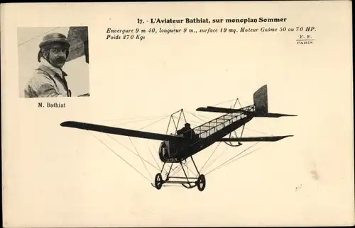 Ak L'Aviateur M. Bathiat, sur monoplan Sommer, Pilot im Flugzeug, Portrait