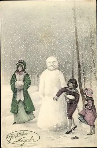Ak Glückwunsch Neujahr, Kinder verstecken sich hinter einem Schneemann