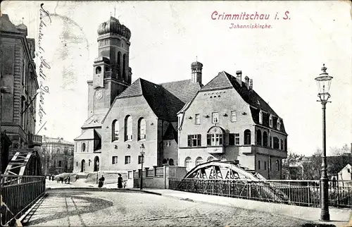 Ak Crimmitschau in Sachsen, Johanniskirche, Brückenpartie