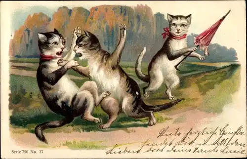 Präge Litho Katzen beim Streit, Kampf, vermenschlichte Katze mit Schirm