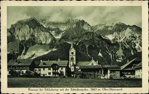 Ak Ramsau im Berchtesgadener Land Oberbayern, Teilansicht vom Ort mit Scheichenspitze, Bergkette