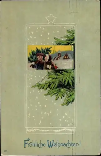 Präge Passepartout Litho Glückwunsch Weihnachten, Junge und Mädchen mit Tannenbaum