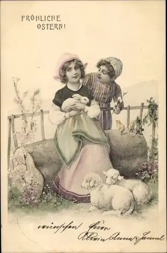 Ak Glückwunsch Ostern, Mädchen mit Hase im Arm, Lämmer, Küken, Junge mit Weidenkätzchenzweig