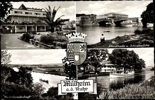 Wappen Ak Mülheim an der Ruhr, Stadthalle und Schlossbrücke, Wasserbahnhof, Dampfer, Ruhrlandschaft