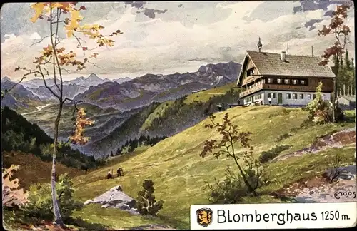 Künstler Ak Moos, Wackersberg in Oberbayern, Blick auf Blomberghaus