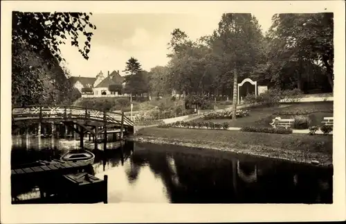 Ak Malente in Ostholstein, Brücke, Boot, Fluss, Ufer