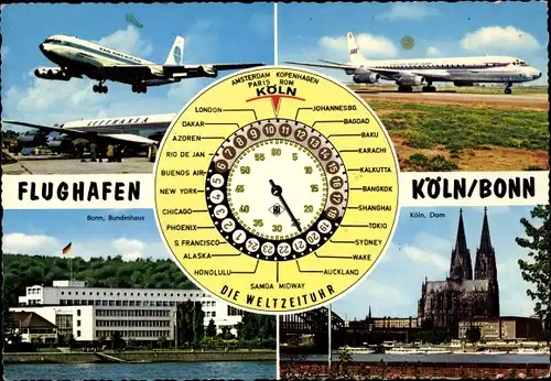 Ak Köln am Rhein, Flughafen Köln Bonn, Weltzeituhr, Flugzeuge, Bundeshaus, Kölner Dom