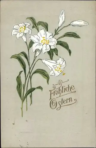 Präge Litho Glückwunsch Ostern, Weiße Lilienblüten und Knospen