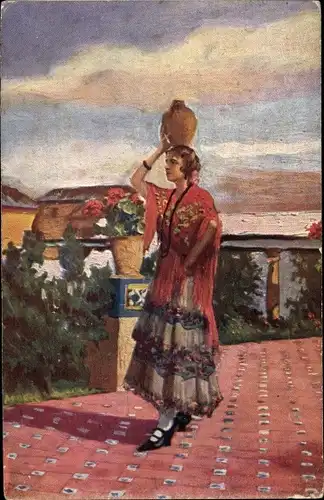 Künstler Ak Ronda Andalusien Spanien, Casa del Rey Moro, Frau in spanischer Tracht