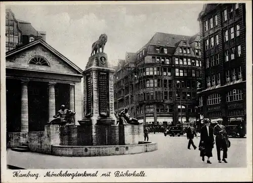 Ak Hamburg, Mönckebergdenkmal, Bücherhalle, Löwenstatue