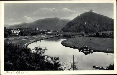 Ak Nassau im Rhein Lahn Kreis, Teilansicht vom Ort mit Fluss, Brücke, Hügellandschaft