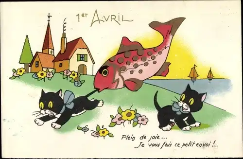 Künstler Ak 1. April, Fisch beißt schwarze Katze in den Schwanz