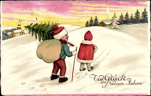 Ak Glückwunsch Neujahr, Mädchen in rotem Mantel, Junge mit Sack und Tannenbaum