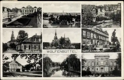 Ak Wolfenbüttel in Niedersachsen, Hauptkirche, Lessinghaus und Schloss, Theater und Kaffeehaus