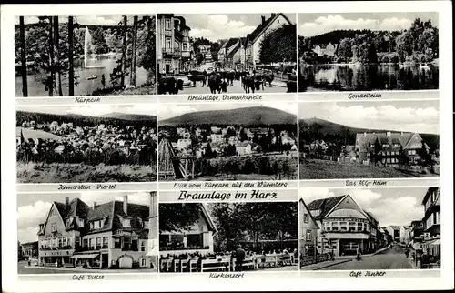 Ak Braunlage im Oberharz, Café Dietze, Blick vom Kurpark auf den Würmberg, Gondelteich