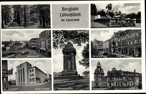 Ak Lüdenscheid im Märkischen Kreis, Mittelstadt, Ehrenmal, Wäldchen, Theater, Schützenhalle