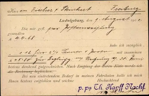Ak Ludwigsburg in Baden Württemberg, Bestellkarte, Gutschrift, Th. Kapff Metallwaren