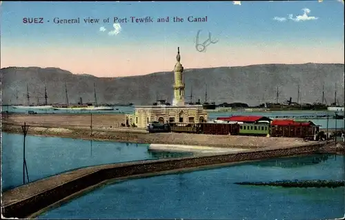 Ak Suez Ägypten, General View of Port Tewfik and the Canal, Eisenbahn am Suezkanal
