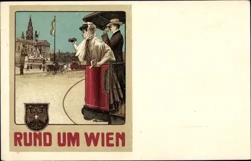 Litho Rund um Wien, Salonwagen Rundfahrten, Städtische Straßenbahnen, Paar, Wappen