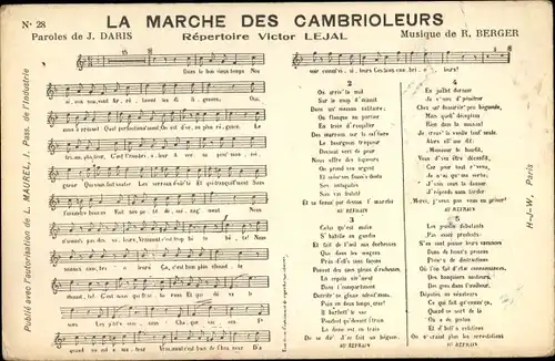 Lied Ak La Marche des Cambioleurs, Paroles J. Daris, Musique R. Berger