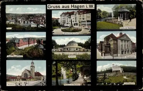 Ak Hagen in Westfalen, Dreikaiserbrunnen, Stadtpark, Krankenhaus, Stadttheater, Bahnhof, Krematorium