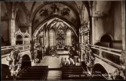 Ak Schleiz im Vogtland Thüringen, Inneres der Bergkirche, Altarseite
