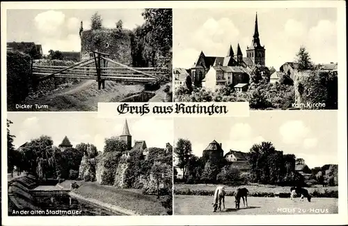Ak Ratingen Nordrhein Westfalen, Dicker Turm, Brücke, Kath. Kirchem Alte Stadtmauer, Weide, Häuser