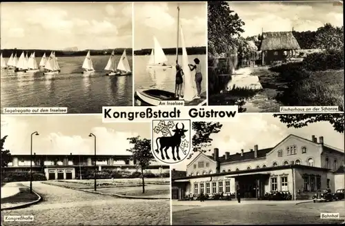 Ak Güstrow in Mecklenburg Vorpommern, Segelregatta, Inselsee, Fischerhaus, Schanze, Bahnhof, Kongreß