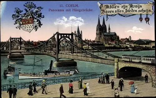 Ak Köln am Rhein, Panorama mit Hängebrücke, Straßenbahn, Dom, Schiffe, Fußgänger, Wappen