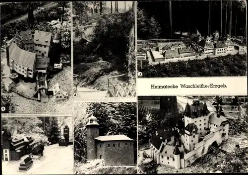 Ak Waschleithe Grünhain Beierfeld, Heimatecke, Burg Scharfenstein, Gründungsstein 1961, Schloss