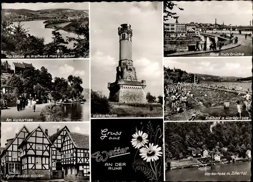 Ak Wetter an der Ruhr im Ennepe Ruhr Kreis, Harkortturm, Harkortsee, Kraftwerk, Viadukt, Freibad