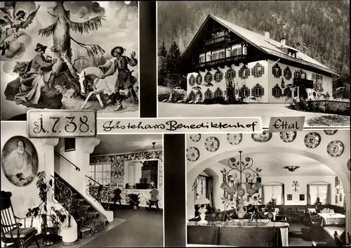 Ak Ettal in Oberbayern, Gästehaus Benediktendorf, Innen und Außen, Wandgemälde