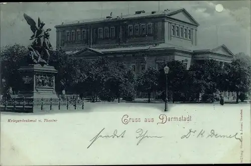 Mondschein Ak Darmstadt in Hessen, Kriegerdenkmal und Theater