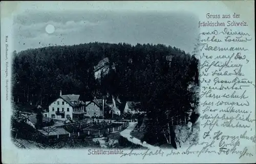 Mondschein Ak Pottenstein in Oberfranken, Schüttersmühle