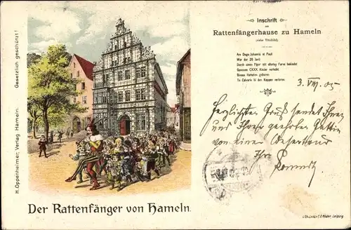 Litho Hameln in Niedersachsen, Rattenfängerhaus, Rattenfänger