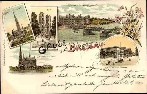 Litho Wrocław Breslau Schlesien, Siegesdenkmal, Dom, Lessingbrücke, Schweidnitzer Straße