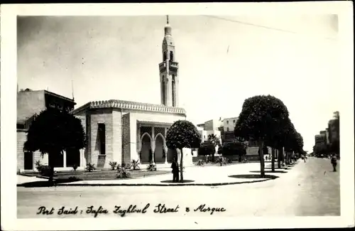 Foto Ak Port Said Ägypten, Safia Zaghloul Street and Mosque, Moschee, Straßenpartie