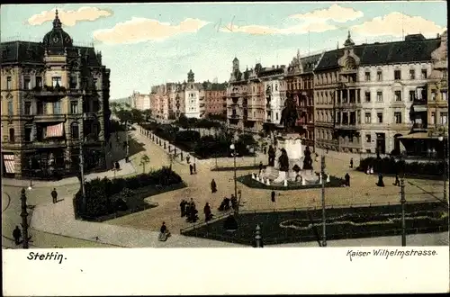 Ak Szczecin Stettin Pommern, Kaiser Wilhelmstraße, Kaiser Wilhelm Denkmal, Häuserfassaden