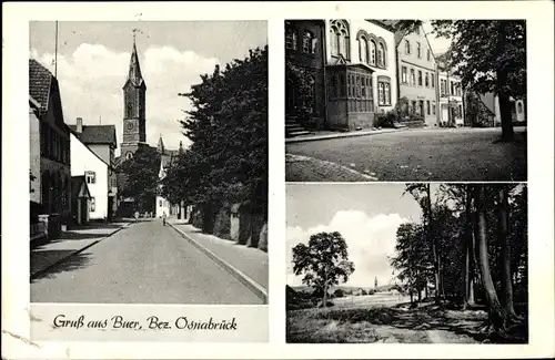 Ak Buer Melle in Niedersachsen, Straßenpartien, Kirche, Panorama vom Ort vom Waldrand aus