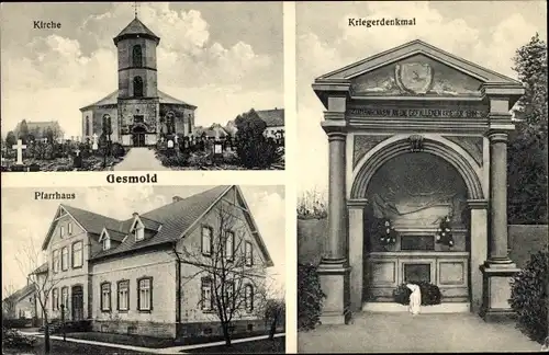 Ak Gesmold Melle in Niedersachsen, Kirche, Pfarrhaus, Kriegerdenkmal