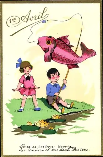 Künstler Ak 1er Avril, 1. April, Kinder angeln am Flussufer, Fisch, Seerosen