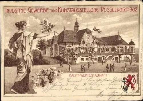 Litho Düsseldorf am Rhein, Industrie-, Gewerbe und Kunstausstellung 1902, Haupt Weinrestaurant