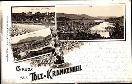 Litho Krankenheil Bad Tölz im Isartal Oberbayern, Isarbrücke, Kalvarienberg, Panorama